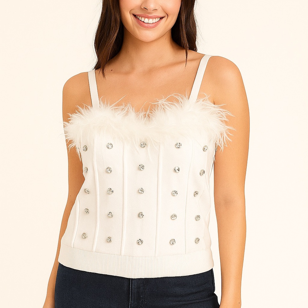 White Feather-Trim Corset-Style Knit Cami — Adjustable Straps